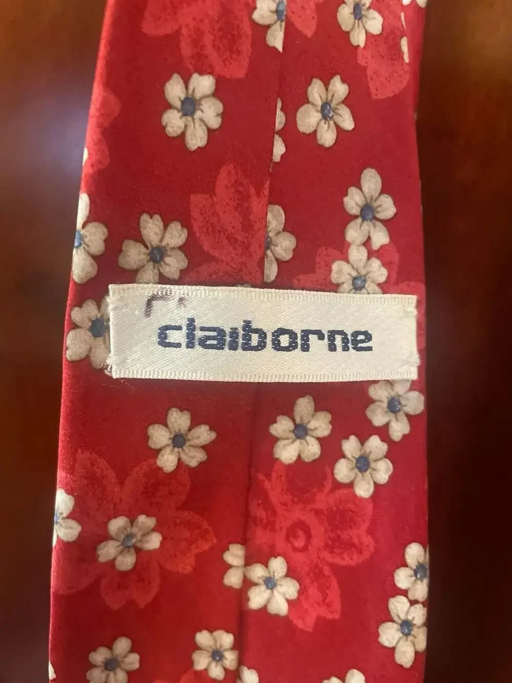 Claiborne Red Silk Tie with White and Floral Blossom Pattern